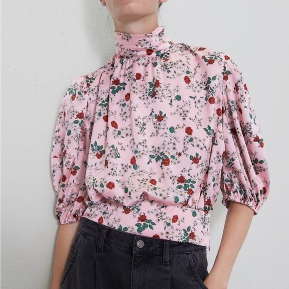 Zara High Neck Pink Floral Puff Sleeve Top Size M - Picture 1 of 9